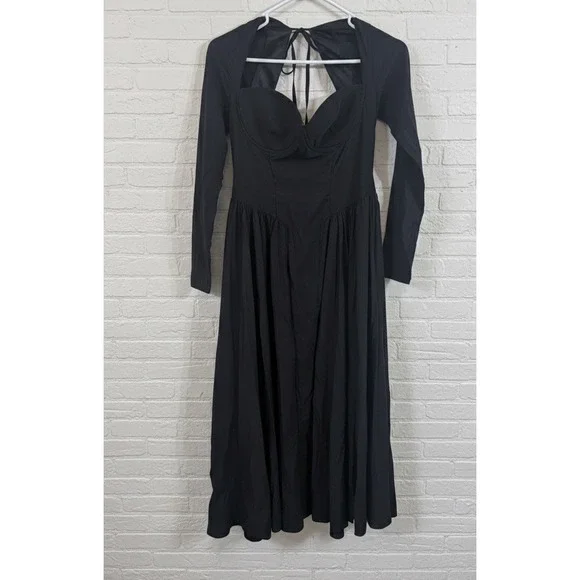 Whimsy 🖤Goth Black Midi Dress  M‎ Sweetheart Neck Long Sleeve Witchy Fairycore - Picture 2 of 3